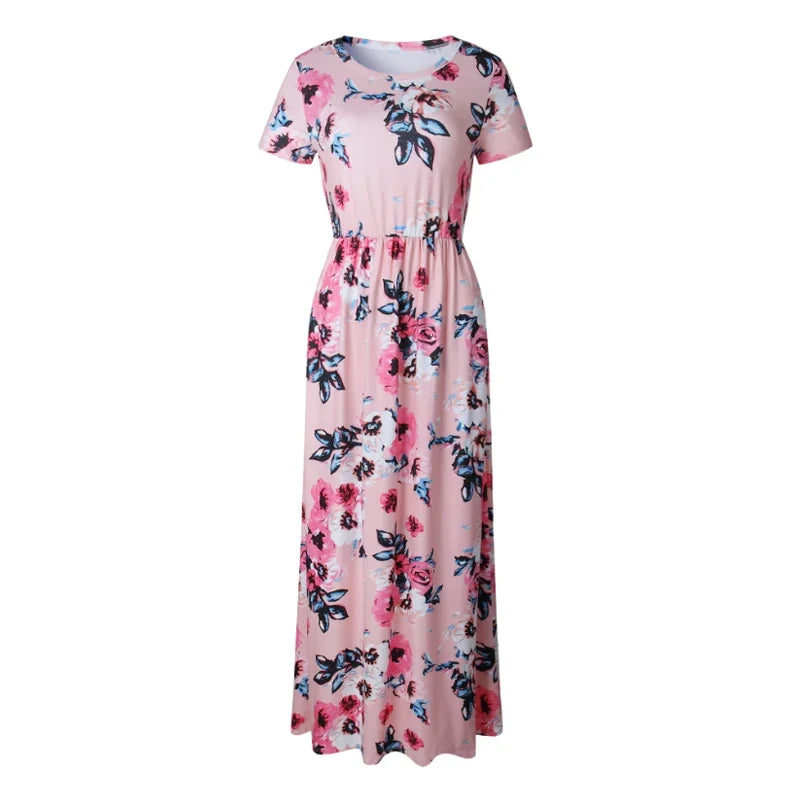 Summer Maxi Dress Women’s Pink Floral Print Boho Beach Dress Ladies Evening Party Long Dress Sundress Vestidos De Festa 3XL