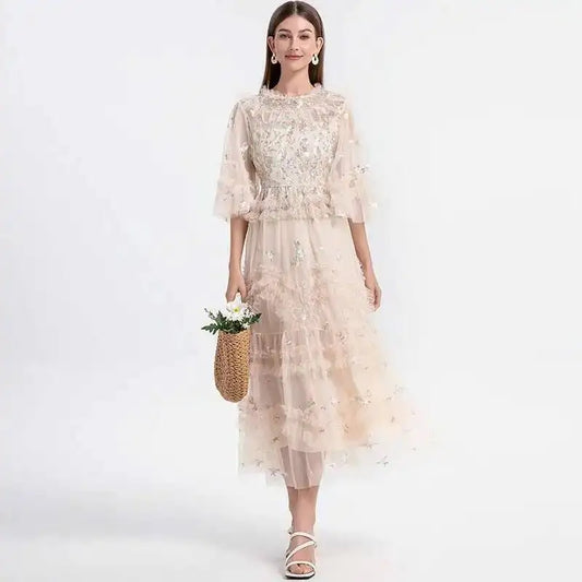 Atelier Vestidos - Midi Embroidery Flower Ruffles Midi Party Dress