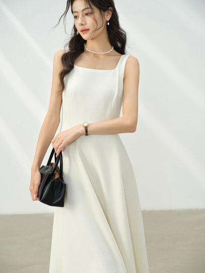 Elegant White Maxi Dress Square Neck Sleeveless Long Dress Summer Slim Fit Waist Dress for Petite Women Hepburn Style Fashion