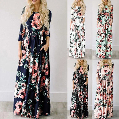 Summer Maxi Dress Women’s Pink Floral Print Boho Beach Dress Ladies Evening Party Long Dress Sundress Vestidos De Festa 3XL
