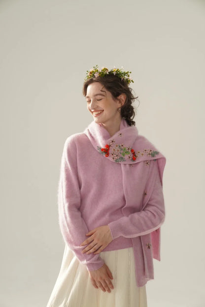 Annette Cashmere Sweater & Scarf Set, Purple