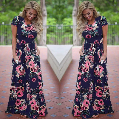 Summer Maxi Dress Women’s Pink Floral Print Boho Beach Dress Ladies Evening Party Long Dress Sundress Vestidos De Festa 3XL