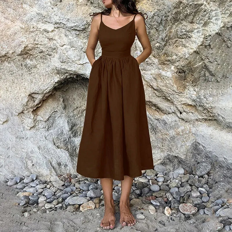 The Jenny Dress, Sleeveless Backless Long Dresses Women, S-3XL, V-Neck Solid Chic Holiday Beach Dresses Vintage