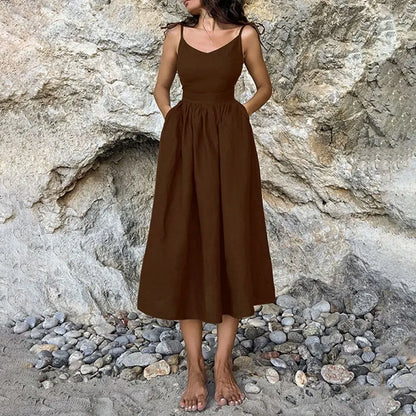 The Jenny Dress, Sleeveless Backless Long Dresses Women, S-3XL, V-Neck Solid Chic Holiday Beach Dresses Vintage