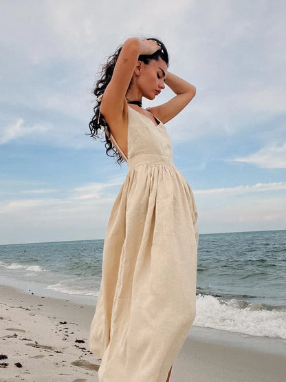 The Jenny Dress, Sleeveless Backless Long Dresses Women, S-3XL, V-Neck Solid Chic Holiday Beach Dresses Vintage