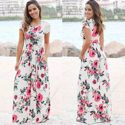 Summer Maxi Dress Women’s Pink Floral Print Boho Beach Dress Ladies Evening Party Long Dress Sundress Vestidos De Festa 3XL