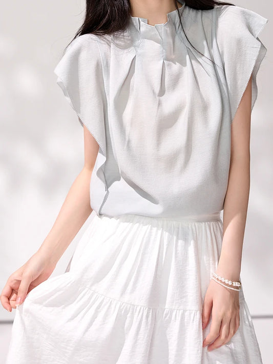 Sheree Ruffled Stand Collar Pleated Women's T-shirt