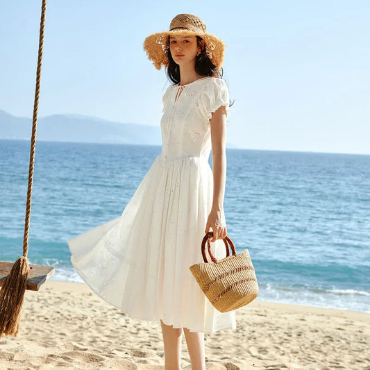 Sweet French White Midi Dress, Summer Embroidery Cotton