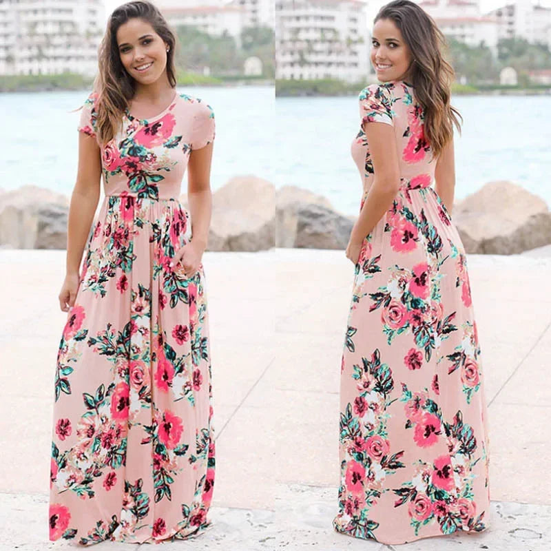 Summer Maxi Dress Women’s Pink Floral Print Boho Beach Dress Ladies Evening Party Long Dress Sundress Vestidos De Festa 3XL