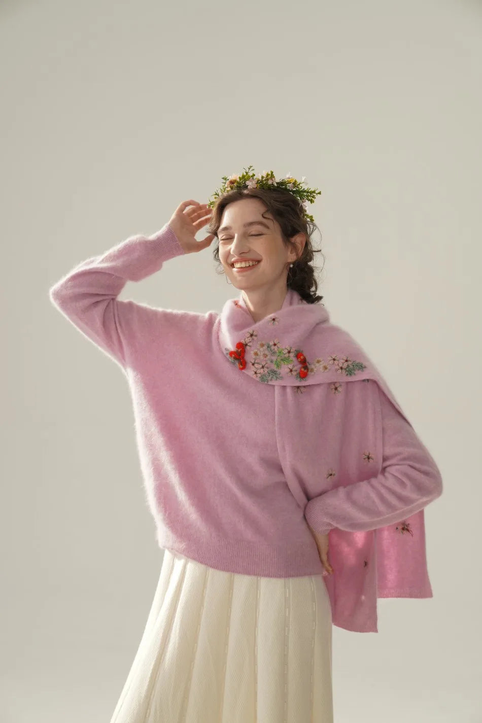 Annette Cashmere Sweater & Scarf Set, White