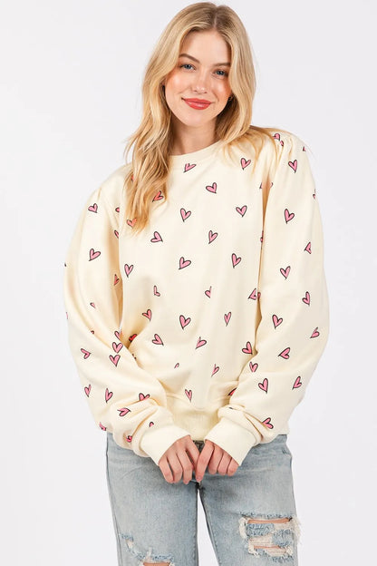 SAGE + FIG Heart Printed Contrast Long Sleeve Sweatshirt