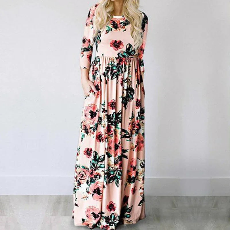 Summer Maxi Dress Women’s Pink Floral Print Boho Beach Dress Ladies Evening Party Long Dress Sundress Vestidos De Festa 3XL