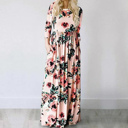 Summer Maxi Dress Women’s Pink Floral Print Boho Beach Dress Ladies Evening Party Long Dress Sundress Vestidos De Festa 3XL