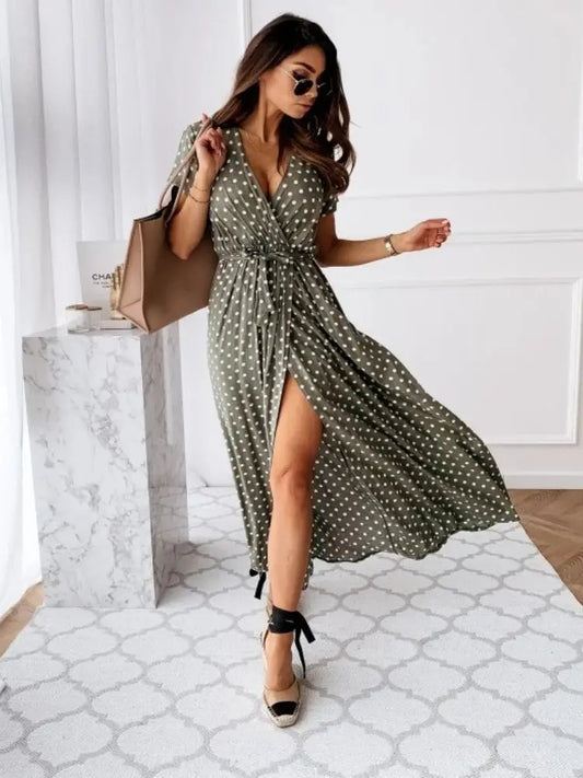 Womens Summer Fashion Maxi Dress Short Sleeve V-Neck Ladies Polka Dot Dress Split For Female Boho Beach Holiday Dress
