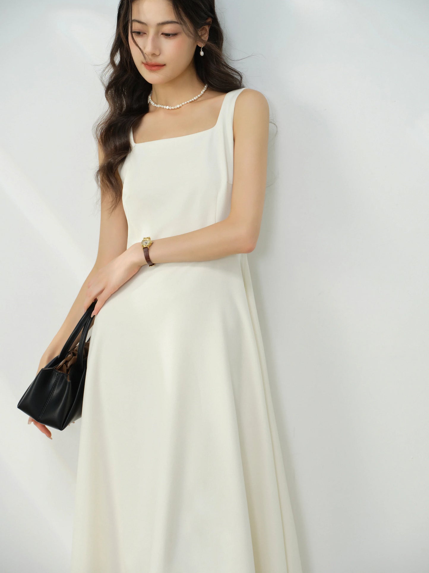 Elegant White Maxi Dress Square Neck Sleeveless Long Dress Summer Slim Fit Waist Dress for Petite Women Hepburn Style Fashion