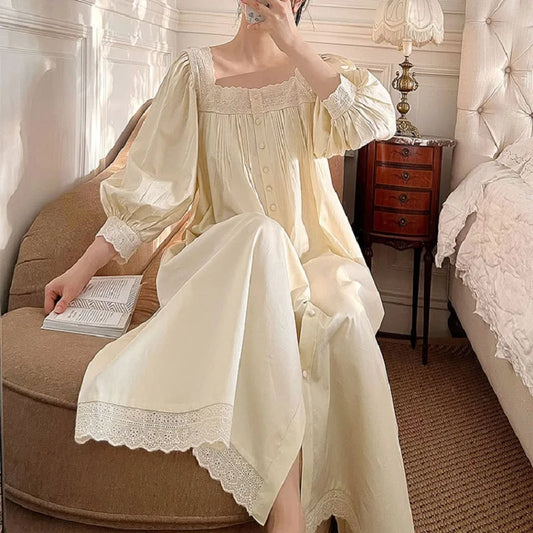 Vintage Embroidery Cotton Long Nightgowns For Lady Long Sleevec Elegant Cardigan Nightshirts Spring Autumn Comfortable Nigtwear