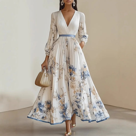 Elegant  Long Sleeve Maxi Dress Women 2025 Summer Fashion Slim Floral Print V-neck Long Dresses Casual
