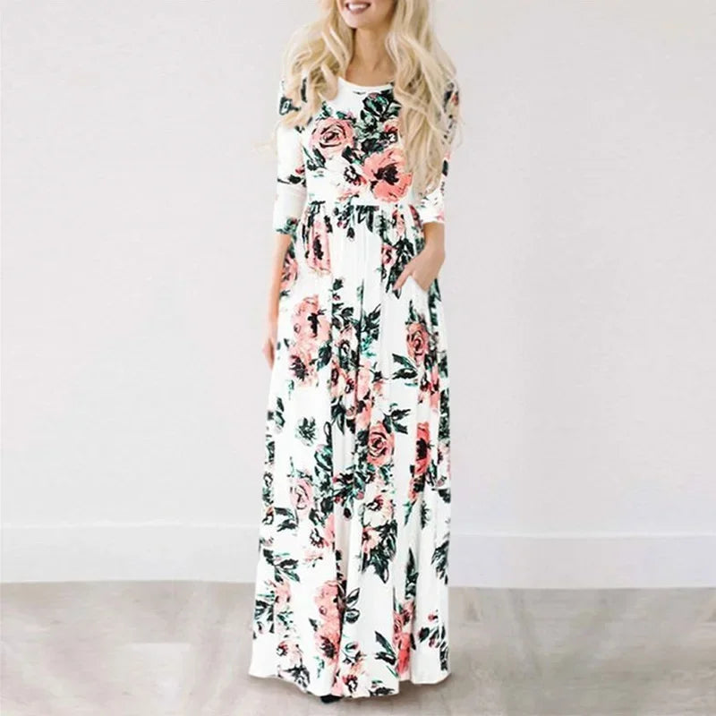 Summer Maxi Dress Women’s Pink Floral Print Boho Beach Dress Ladies Evening Party Long Dress Sundress Vestidos De Festa 3XL
