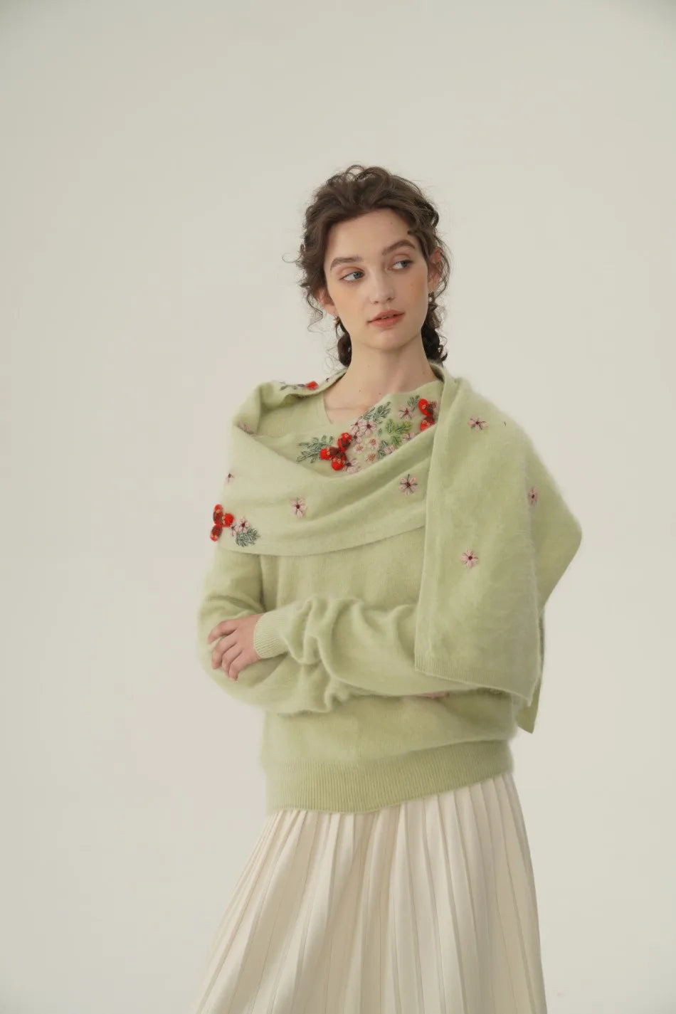 Annette Cashmere Sweater & Scarf Set, White