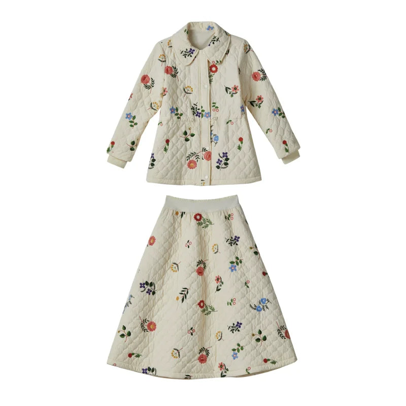 Sweet Jane Embroidery Cotton Padded Coat Skirt set