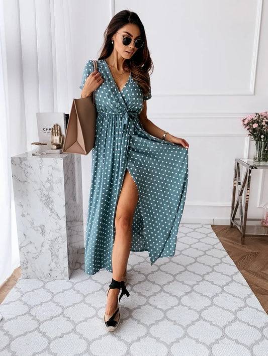 Womens Summer Fashion Maxi Dress Short Sleeve V-Neck Ladies Polka Dot Dress Split For Female Boho Beach Holiday Dress
