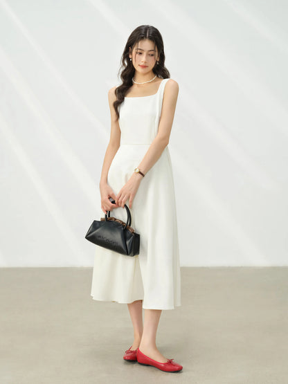 Elegant White Maxi Dress Square Neck Sleeveless Long Dress Summer Slim Fit Waist Dress for Petite Women Hepburn Style Fashion