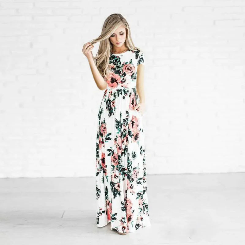 Summer Maxi Dress Women’s Pink Floral Print Boho Beach Dress Ladies Evening Party Long Dress Sundress Vestidos De Festa 3XL