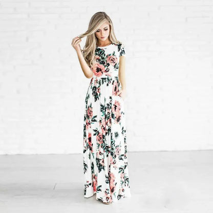 Summer Maxi Dress Women’s Pink Floral Print Boho Beach Dress Ladies Evening Party Long Dress Sundress Vestidos De Festa 3XL