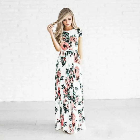 Summer Maxi Dress Women’s Pink Floral Print Boho Beach Dress Ladies Evening Party Long Dress Sundress Vestidos De Festa 3XL
