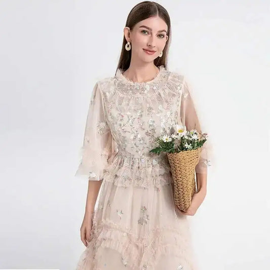 Atelier Vestidos - Midi Embroidery Flower Ruffles Midi Party Dress