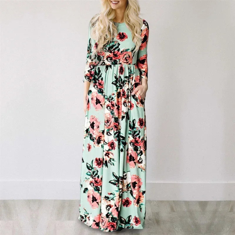Summer Maxi Dress Women’s Pink Floral Print Boho Beach Dress Ladies Evening Party Long Dress Sundress Vestidos De Festa 3XL
