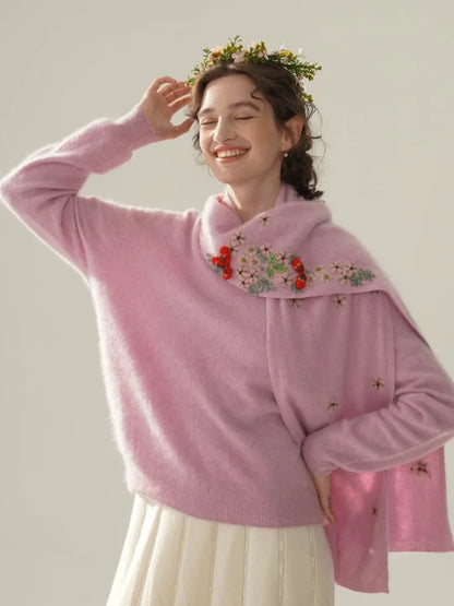 Annette Cashmere Sweater & Scarf Set, Purple