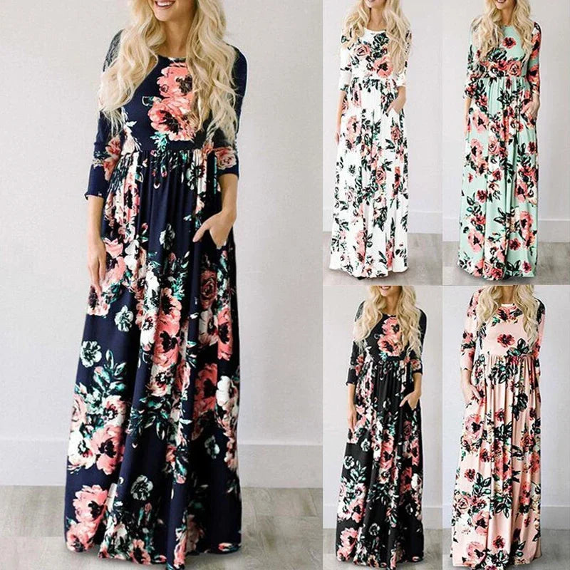 Summer Maxi Dress Women’s Pink Floral Print Boho Beach Dress Ladies Evening Party Long Dress Sundress Vestidos De Festa 3XL