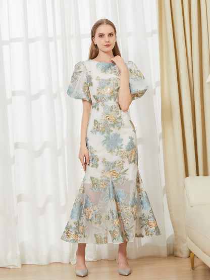 DEVCHATA Elegant Floral Organza Fishtail Long Dress Maxi Luxury Mermaid Evening Dress Puff Sleeve Fashion Slim Party Club Dress