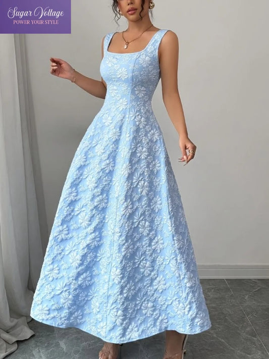 Elegant Vintage Maxi Dress Women 2025 Summer Dopamine Sling Square Neck High Waist Jacquard Chic Long Dress Slim Fit Retro Style