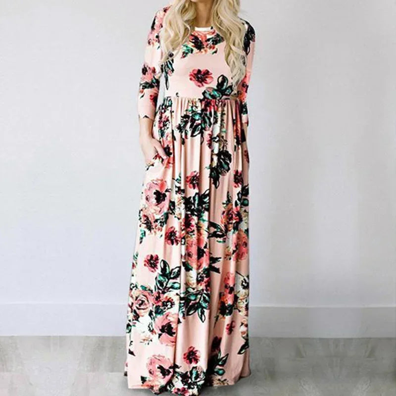 Summer Maxi Dress Women’s Pink Floral Print Boho Beach Dress Ladies Evening Party Long Dress Sundress Vestidos De Festa 3XL