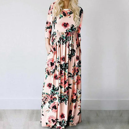 Summer Maxi Dress Women’s Pink Floral Print Boho Beach Dress Ladies Evening Party Long Dress Sundress Vestidos De Festa 3XL