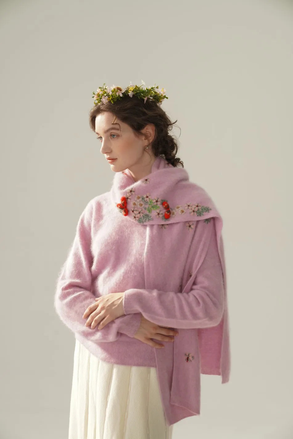 Annette Cashmere Sweater & Scarf Set, White