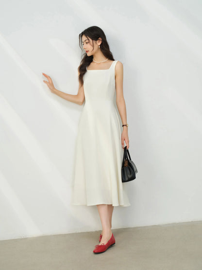 Elegant White Maxi Dress Square Neck Sleeveless Long Dress Summer Slim Fit Waist Dress for Petite Women Hepburn Style Fashion