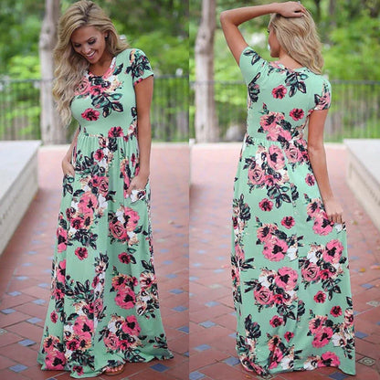 Summer Maxi Dress Women’s Pink Floral Print Boho Beach Dress Ladies Evening Party Long Dress Sundress Vestidos De Festa 3XL