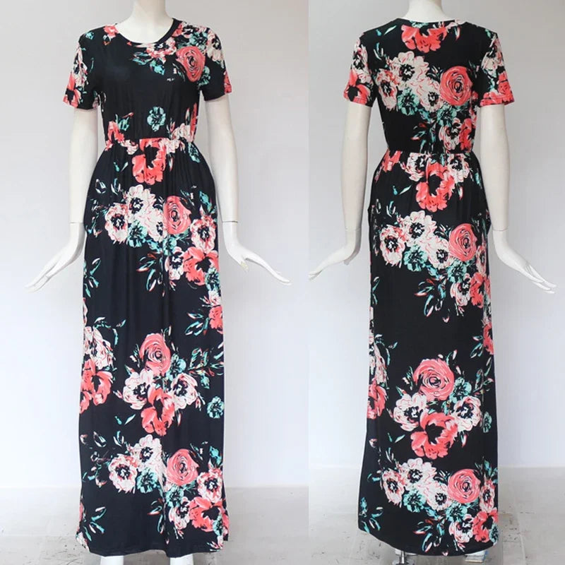 Summer Maxi Dress Women’s Pink Floral Print Boho Beach Dress Ladies Evening Party Long Dress Sundress Vestidos De Festa 3XL