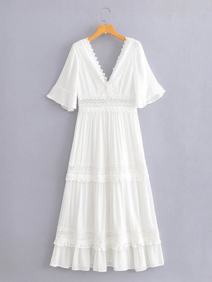 Summer White Maxi Dress for Women 2025 Lace Bohemian V-neck Solid Ruffles Beach Cover Up Wedding Party Vestidos
