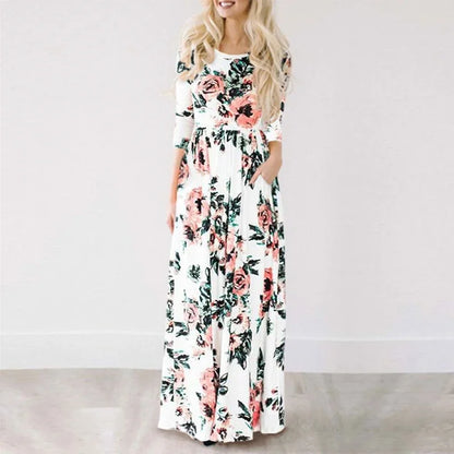 Summer Maxi Dress Women’s Pink Floral Print Boho Beach Dress Ladies Evening Party Long Dress Sundress Vestidos De Festa 3XL