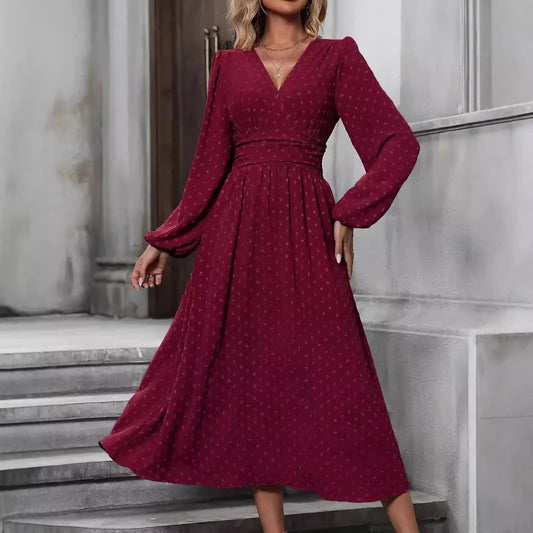 2025 Autumn Maxi Long Dress Women Elegant Party Dresses Female Long Sleeve V Neck Waist Dress For Women Vestidos Robes