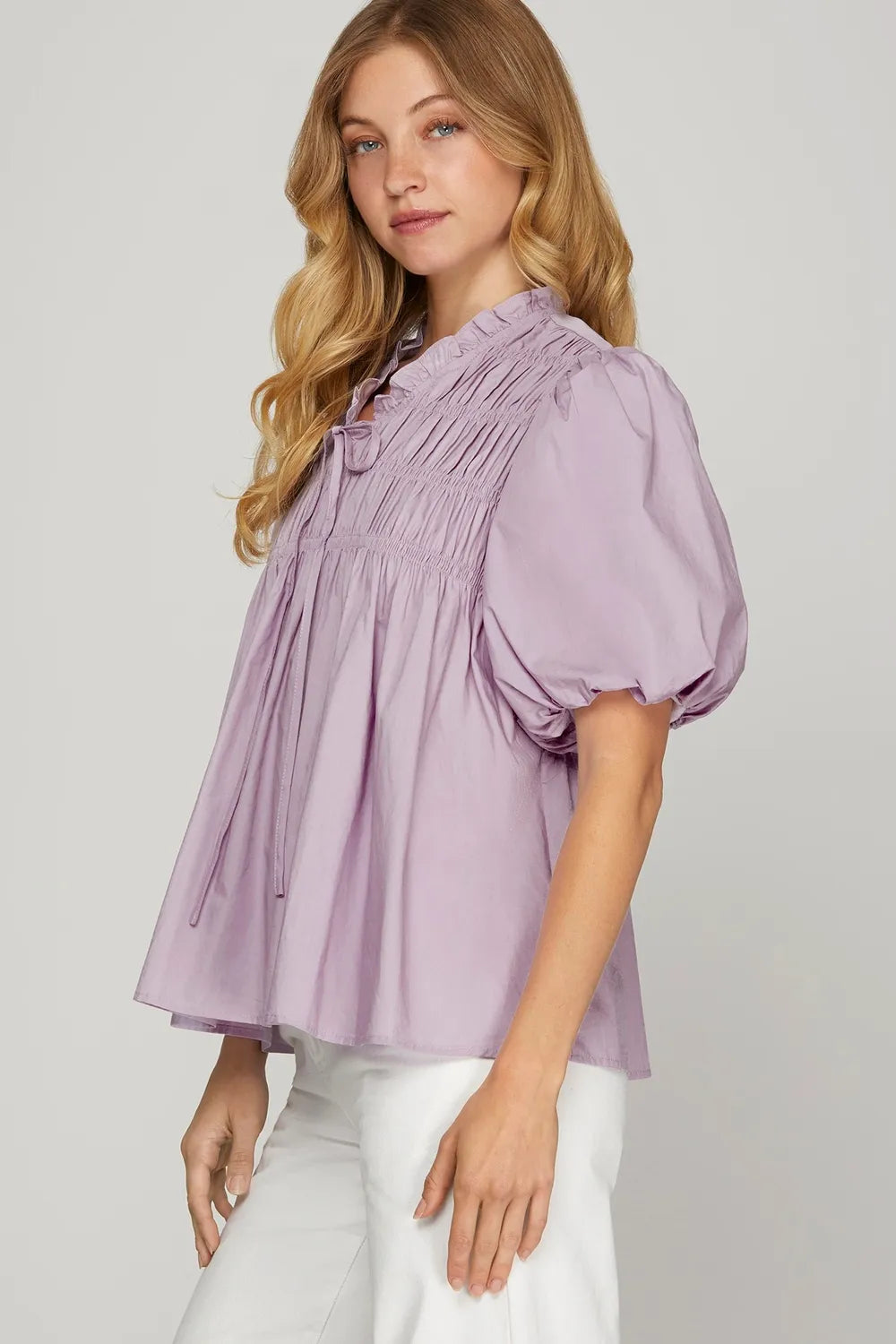 She + Sky Smocked Front Puff Sleeve Woven Blouse