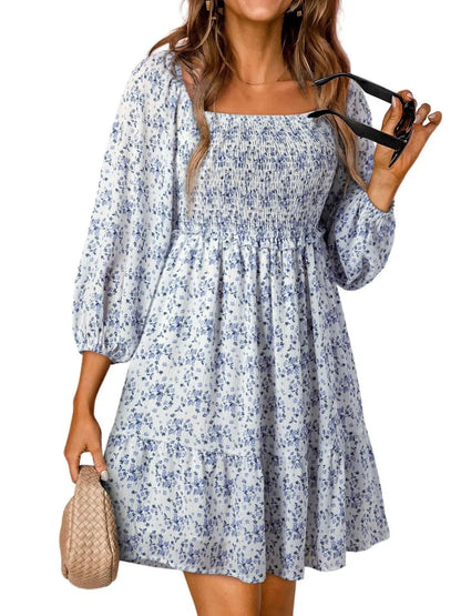 Smocked Floral Square Neck Dress