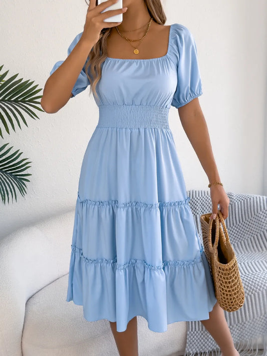 Square Neck Short Puff Sleeve Dress