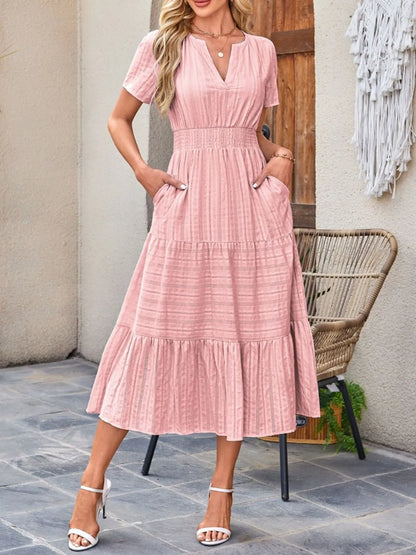 Tiered Notched Short Sleeve Dress