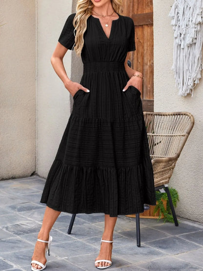 Tiered Notched Short Sleeve Dress