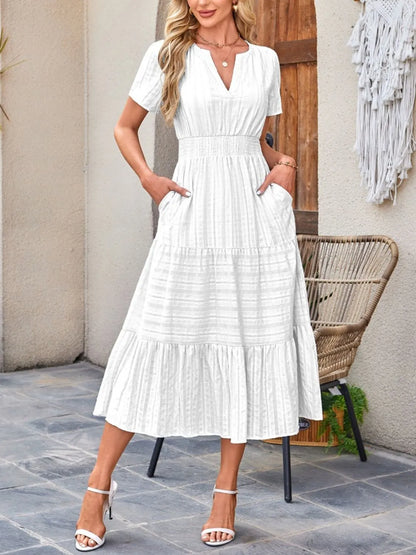 Tiered Notched Short Sleeve Dress